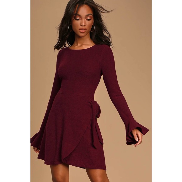 Lulus Dresses & Skirts - NWOT Lulus Favorite Tune Burgundy Faux Wrap Sweater Dress Size Medium Stretch
